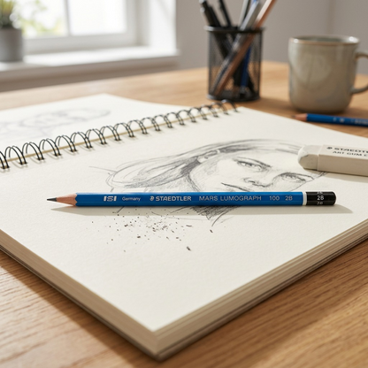STAEDTLER Mars Lumograph 2B pencil resting on an open sketchbook on a wooden desk.