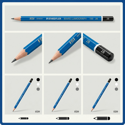 A clean grid showing three angles of the STAEDTLER Mars Lumograph 2B pencil.