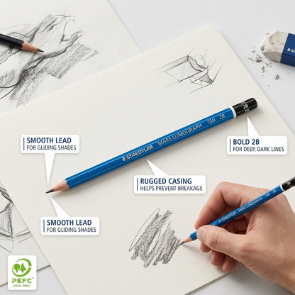 An operational feature graphic for the STAEDTLER Mars Lumograph 2B pencil, detailing technical benefits with callouts.