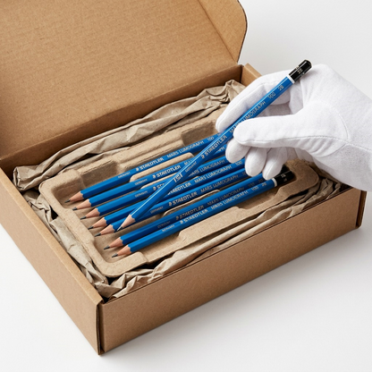 A photographic view shows a set of original-packaging Mars Lumograph 2B pencils being unboxed inside a protective shipping container with void fill.