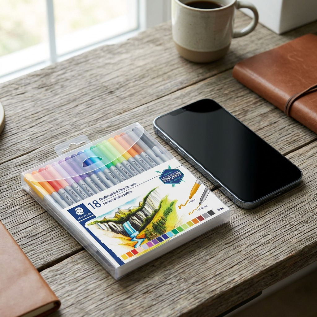 ~ Product Scale Reference: STAEDTLER Double-ended fibre-tip pens 18pcs pack on a wooden desk next to a modern smartphone.