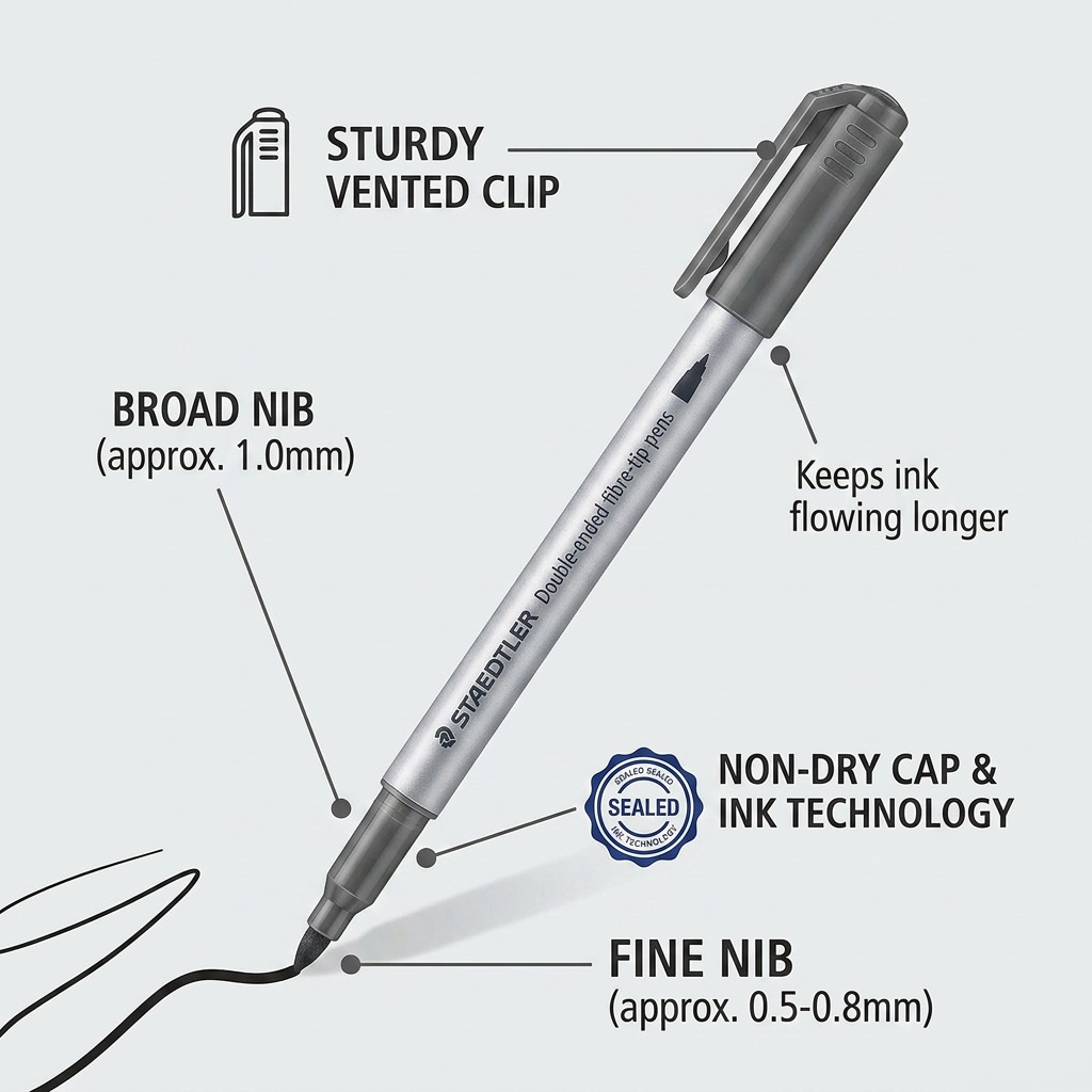 Feature graphic showing double-ended pens, dual tips, clip, non-dry technology.