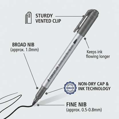 Feature graphic showing double-ended pens, dual tips, clip, non-dry technology.