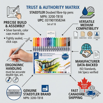 Trust-focused infographic for STAEDTLER Double-ended fibre-tip pens (3200-TB18, UPC: 031901958244) verifying build quality and fast Canadian shipping.