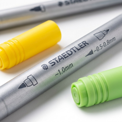 Extreme close-up of a STAEDTLER double-ended pen, detailing the fine barrel and two colored caps.