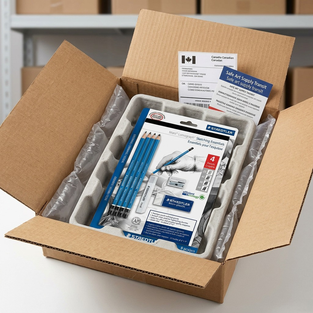 An opened, cushioned cardboard box reveals the pristine Staedtler Mars Lumograph Sketching Essentials set inside.