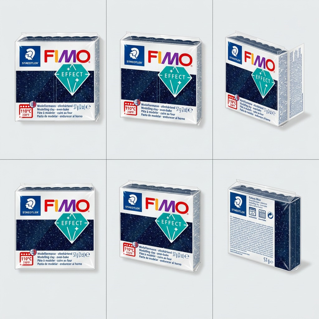 PDP visual matrix showing three identical 57g Fimo Effect Galaxy Blue clay blocks from front, side, and rear angles.