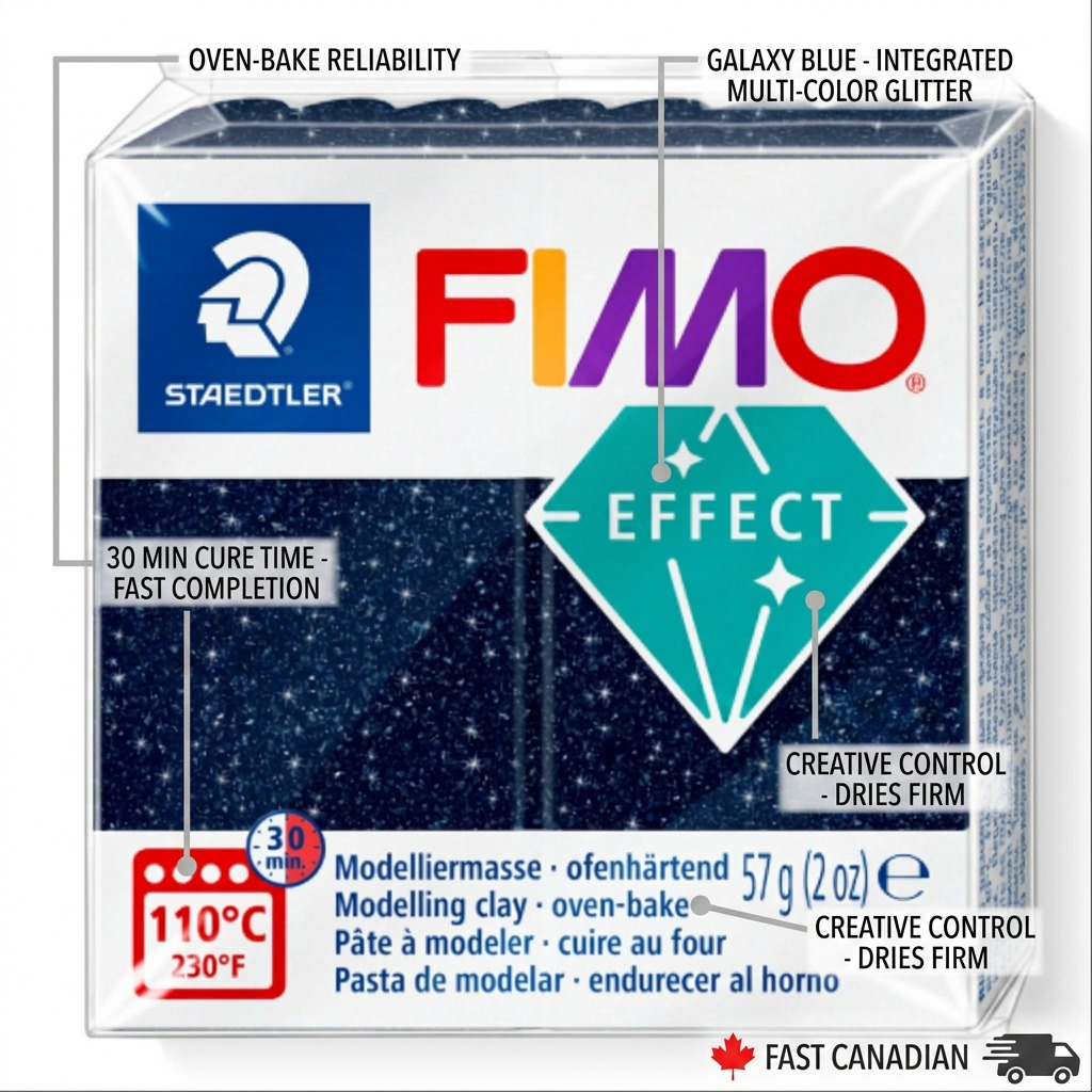 STAEDTLER Fimo Galaxy Blue feature callout graphic detailing oven reliability, glitter effect, and bake times.