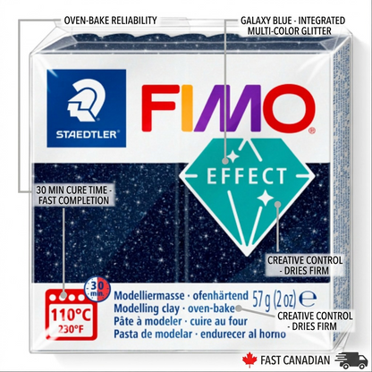 STAEDTLER Fimo Galaxy Blue feature callout graphic detailing oven reliability, glitter effect, and bake times.