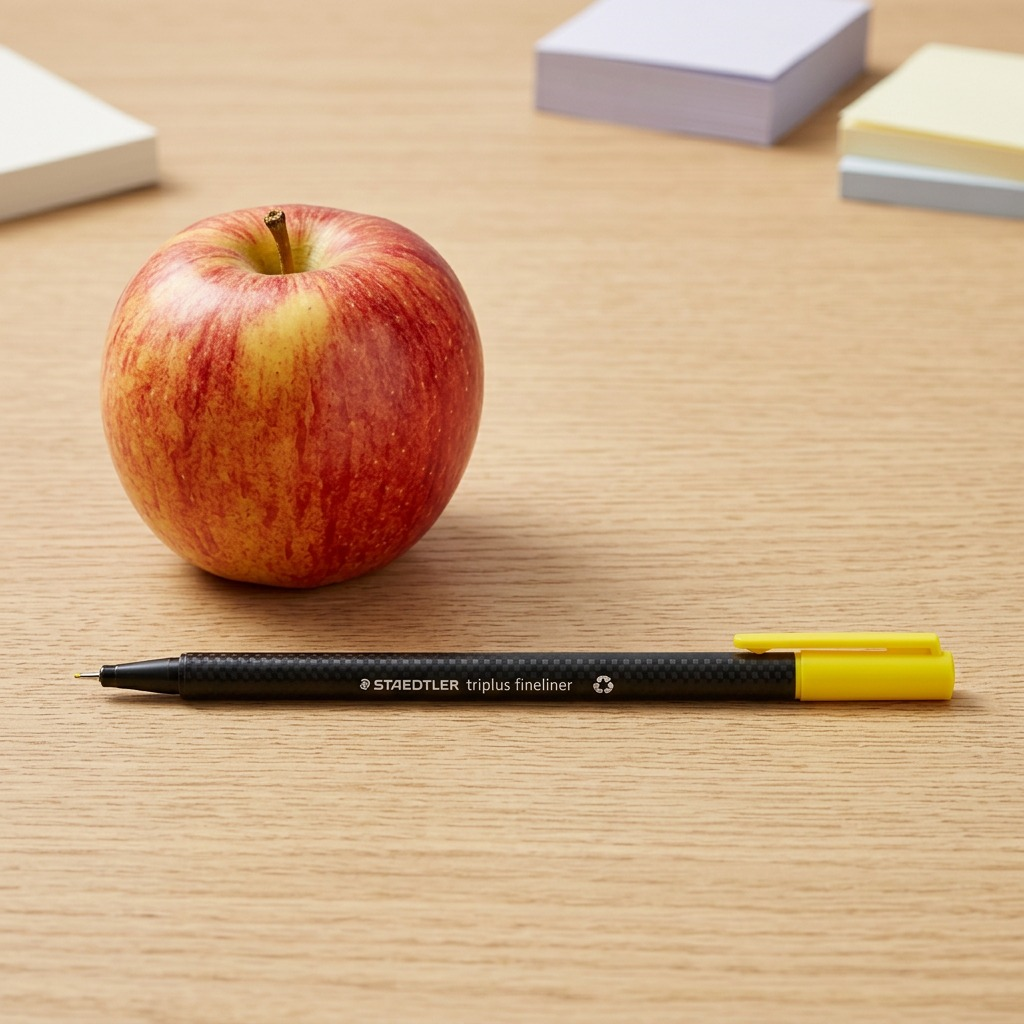 A scale-reference image showing the STAEDTLER triplus fineliner next to an apple, highlighting its size.