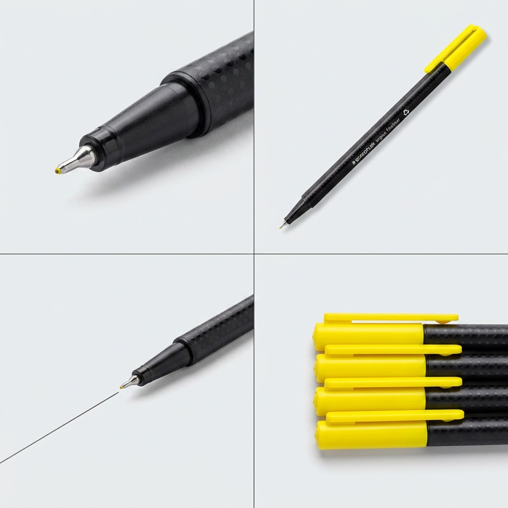 A grid matrix for the STAEDTLER triplus fineliner, showcasing its distinct shape and yellow color from multiple angles: a side profile, a focused top view, and a detailed close-up of the tip.