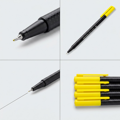 A grid matrix for the STAEDTLER triplus fineliner, showcasing its distinct shape and yellow color from multiple angles: a side profile, a focused top view, and a detailed close-up of the tip.