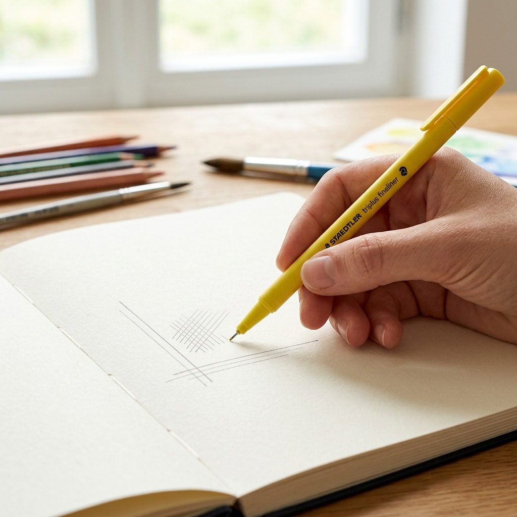 Close-up photo of the yellow Staedtler triplus fineliner, as seen in image\_0.png, lying on a sketchbook.