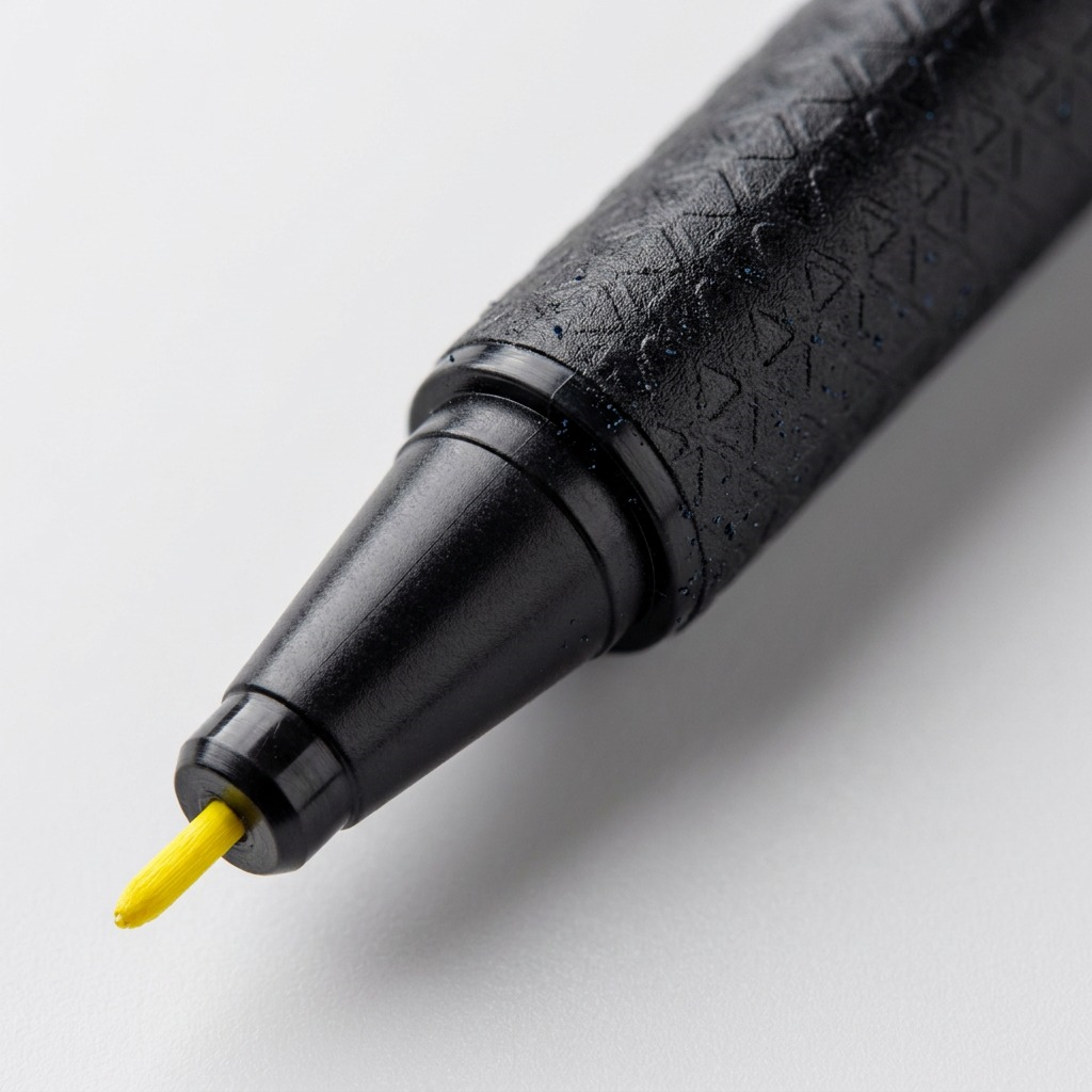 Extreme macro photo showing the fine felt tip and intricate textured black barrel of the STAEDTLER triplus fineliner.