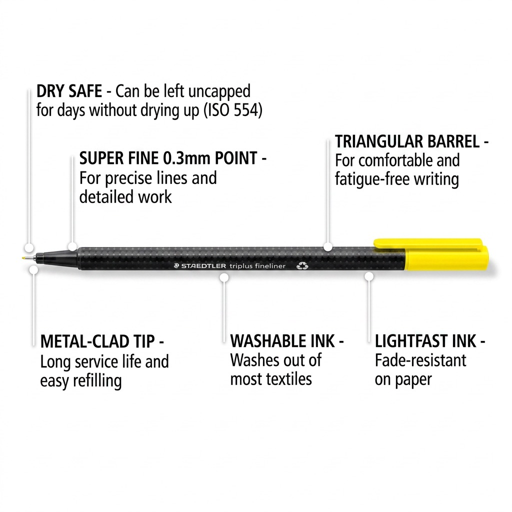A product image with callouts for the STAEDTLER triplus fineliner, showcasing its features.