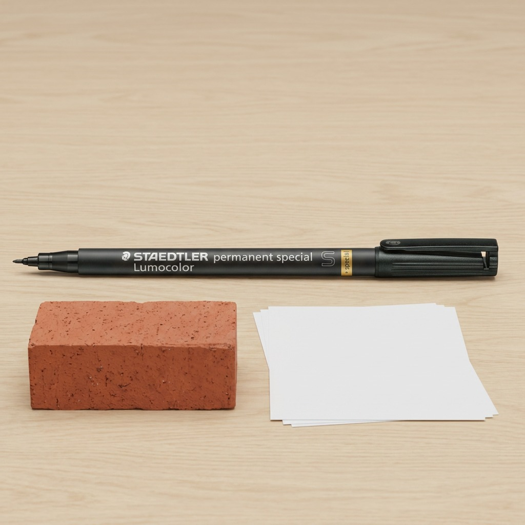 A STAEDTLER permanent special Lumocolor marker alongside a house brick on a wooden desk to show scale.
