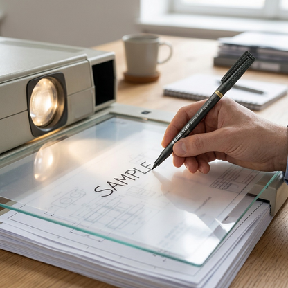 A photorealistic image of the STAEDTLER permanent marker being used to annotate an OHP film transparency, resting on a lightbox.