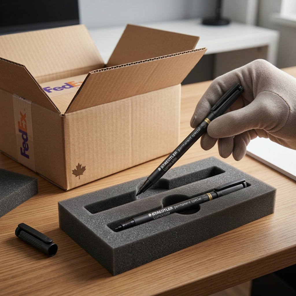 An open, heavy-duty cardboard shipping box revealing a protective foam insert specifically molded to securely hold two individual STAEDTLER Lumocolor permanent special markers, referencing the details of image_0.png.