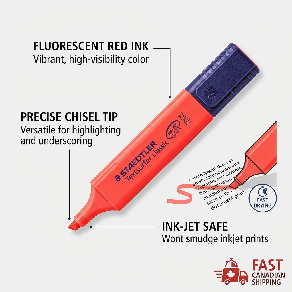 Detailed callout diagram for STAEDTLER highlighter with features: Fluorescent Red Ink, Chisel Tip, Ink-Jet Safe, Fast Drying.