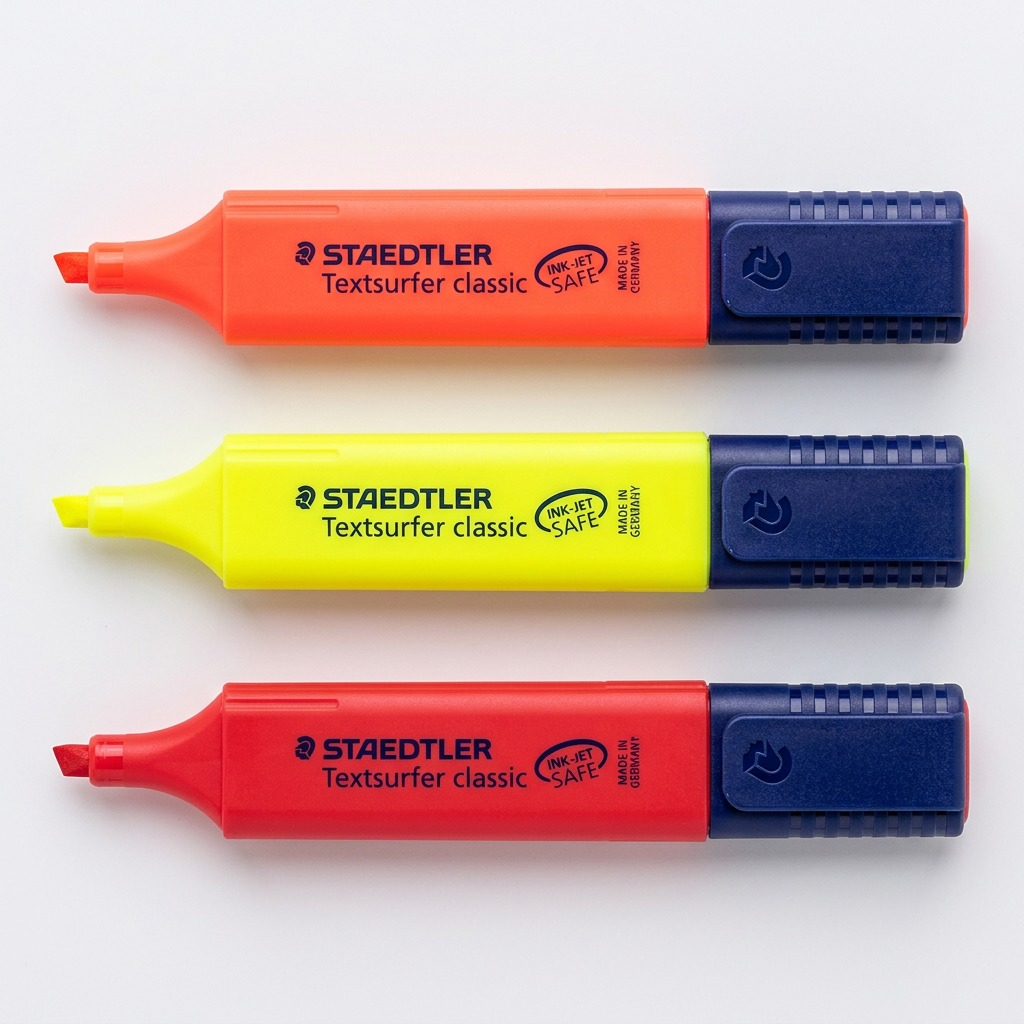 A matrix of three STAEDTLER Textsurfer classic highlighters in different colors: red, yellow, and blue.