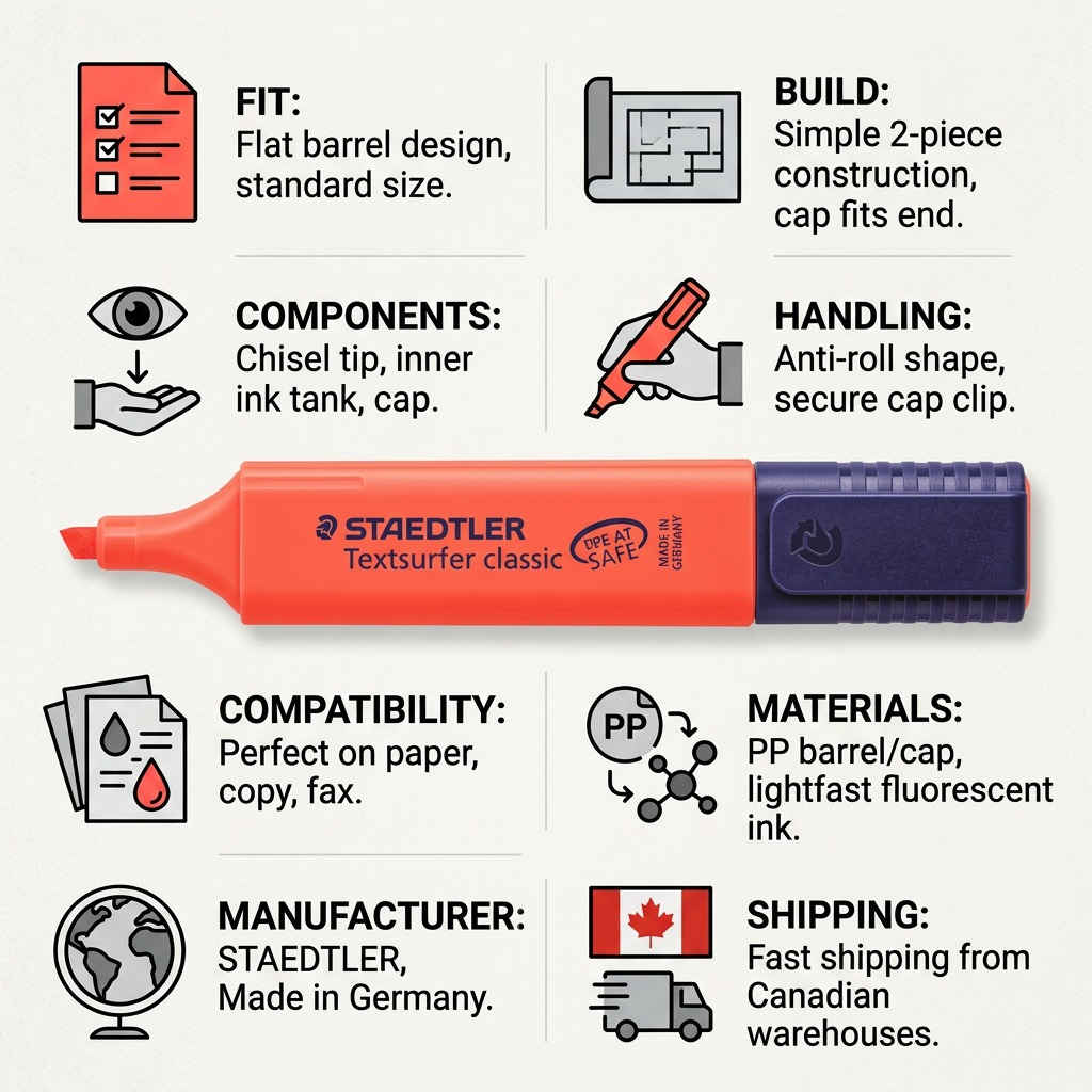 Trust and authority infographic matrix for a STAEDTLER fluorescent red highlighter.
