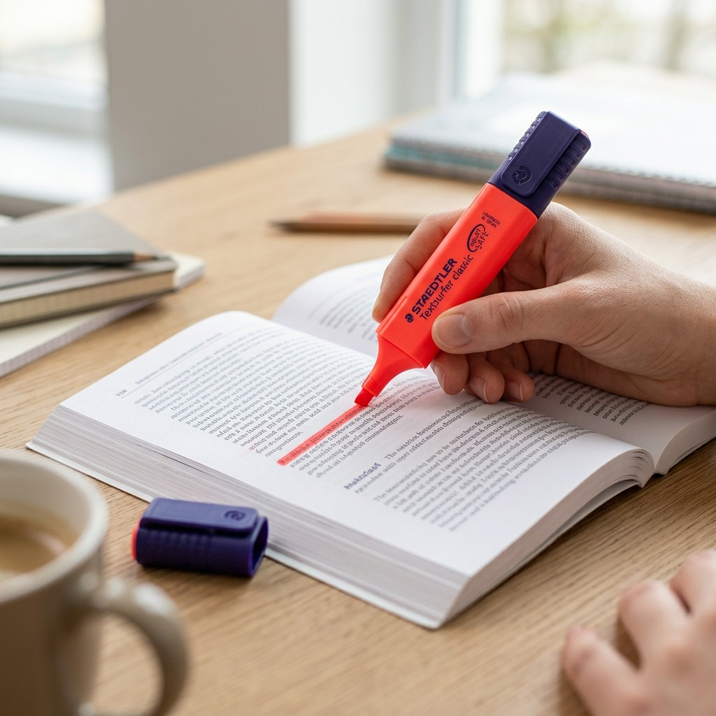 A red Staedtler Textsurfer classic highlighter in use on a study text.