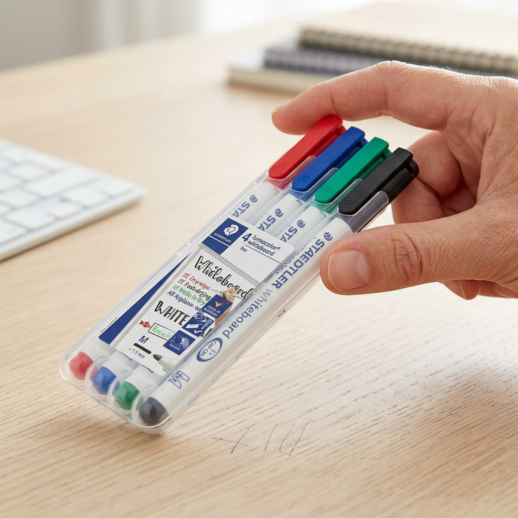 A photo of a pack of STAEDTLER whiteboard markers being held between two fingers to illustrate its compact size.