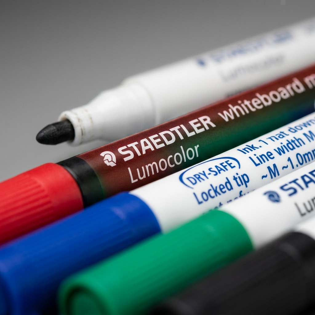 Extreme macro-view focusing on the four Staedtler 301.WP4 marker tips (Red, Blue, Green, Black) and the detailed barrel printing, showing the "M" nib specification and ink properties on the clean plastic surfaces.