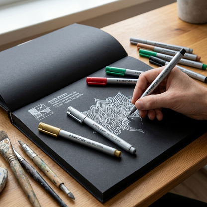 Hand drawing an intricate silver design with STAEDTLER metallic pens on a black sketchbook page.
