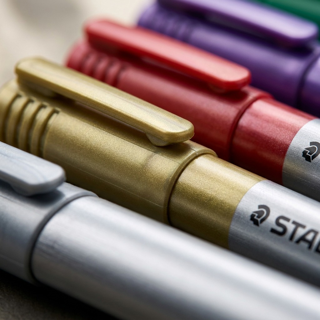 Macro detail focusing on the precision of the STAEDTLER bronze marker's tip and metallic barrel finish.