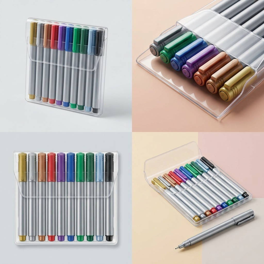 A product configuration matrix display of the STAEDTLER Marker metallic 10pc set from various angles.