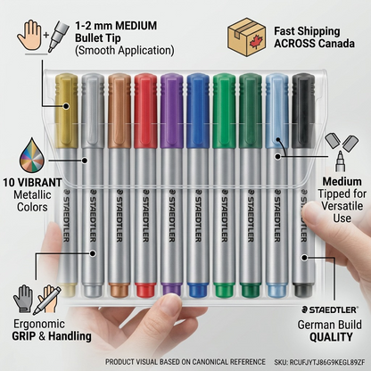 An infographic showing the 10-pack STAEDTLER metallic marker set from the reference image, with trust icons and concise factual pointers. Focus areas include: clean silver bodies, 1.2mm medium bullet tip, vibrant ink colors, German build quality, ergonomic handling, and fast shipping across Canada. All points are factual.