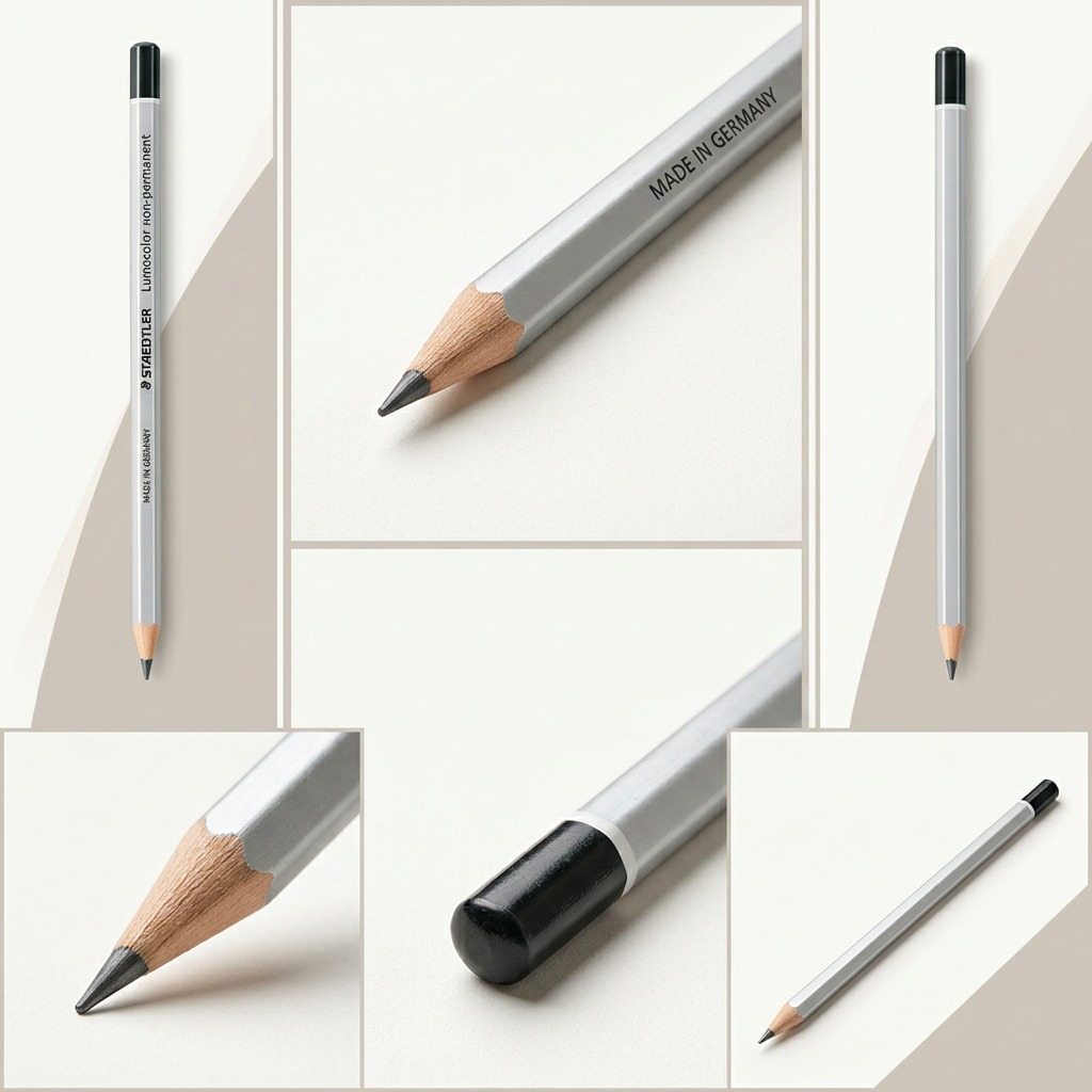A 5-panel product matrix showing distinct angles of the STAEDTLER Lumocolor non-permanent Omni-chrom black pencil on clean backgrounds.