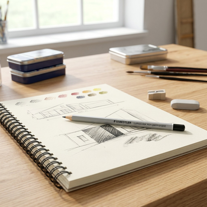 Lifestyle photo in natural light showing the STAEDTLER black omnichrome pencil resting on a cluttered designer's blueprint.