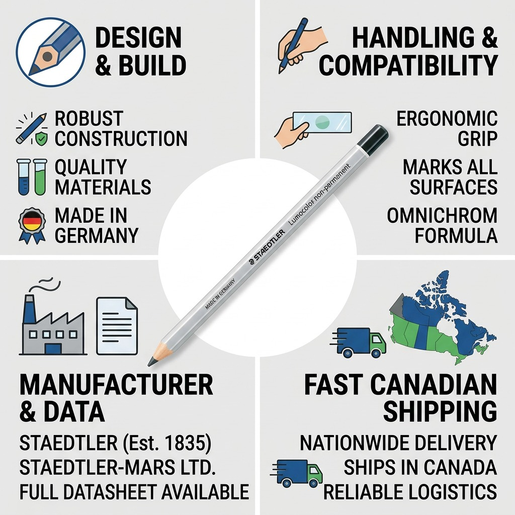 Trust and authority infographic for STAEDTLER omnichrom black pencil (108-9-10). Uses simple icons for design, compatibility, manufacturer details, and fast Canadian shipping. Original pencil is central.
