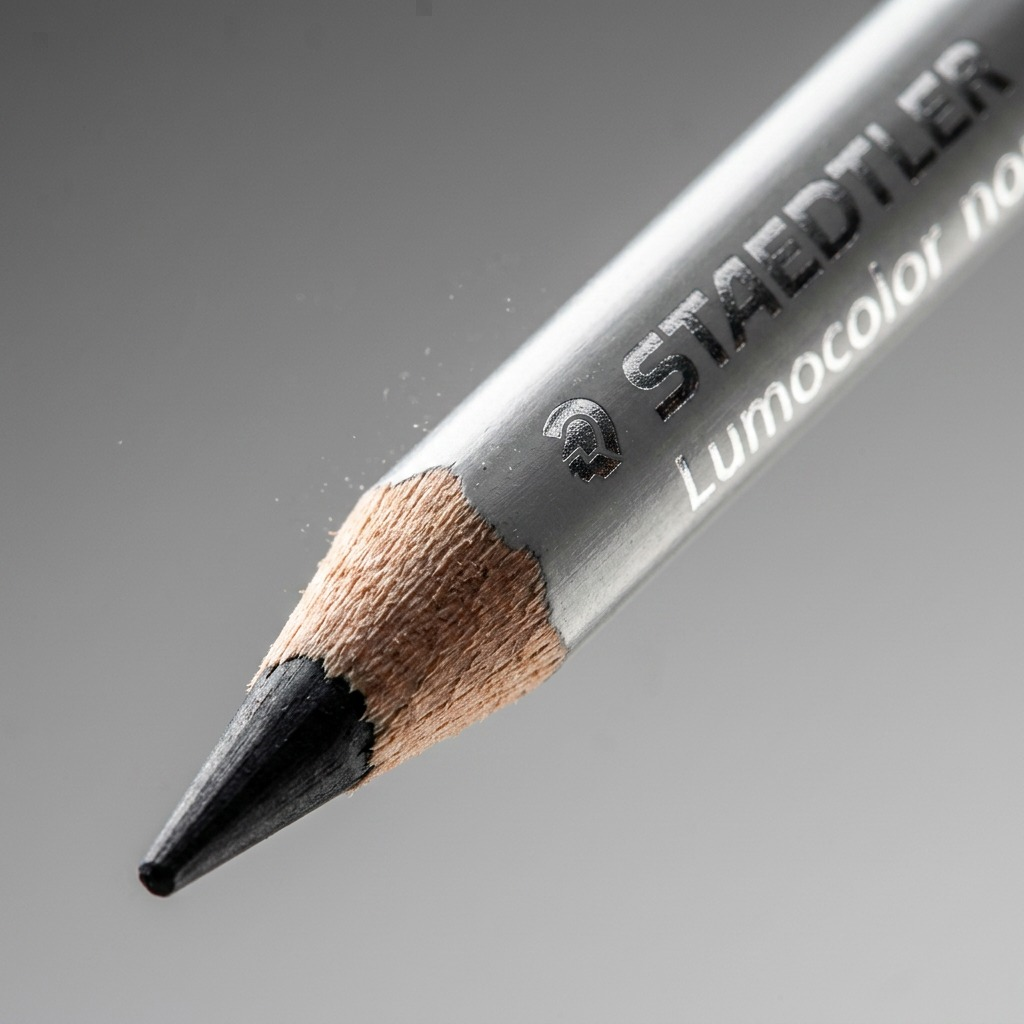 A macro photo of the Staedtler non-permanent pencil showing sharp wood grain, matte black lead, and clear silver printing.