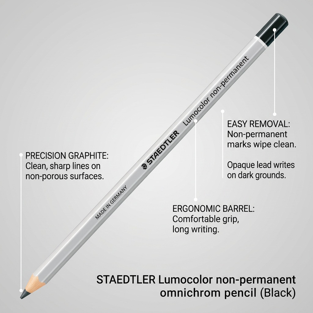 STAEDTLER Lumocolor non-permanent omnichrom pencil features graphic diagram, minimal layout.