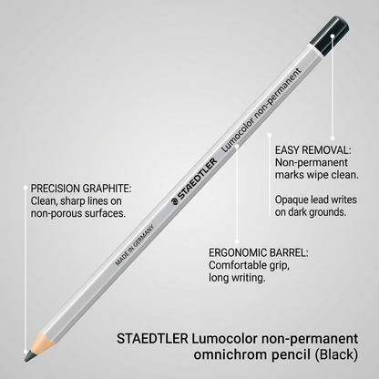 STAEDTLER Lumocolor non-permanent omnichrom pencil features graphic diagram, minimal layout.