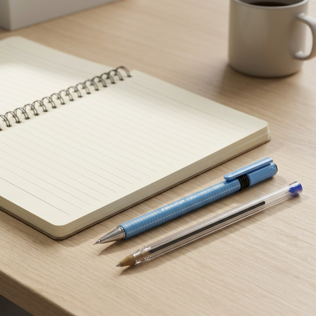 This PDP image scales the STAEDTLER mechanical pencil against a recognizable spiral notebook.