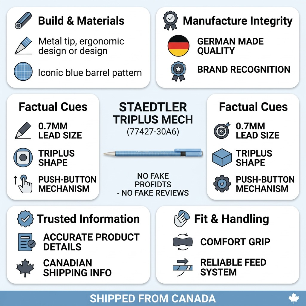 A clean infographic matrix showcasing the STAEDTLER mechanical pencil with trust and authority cues.