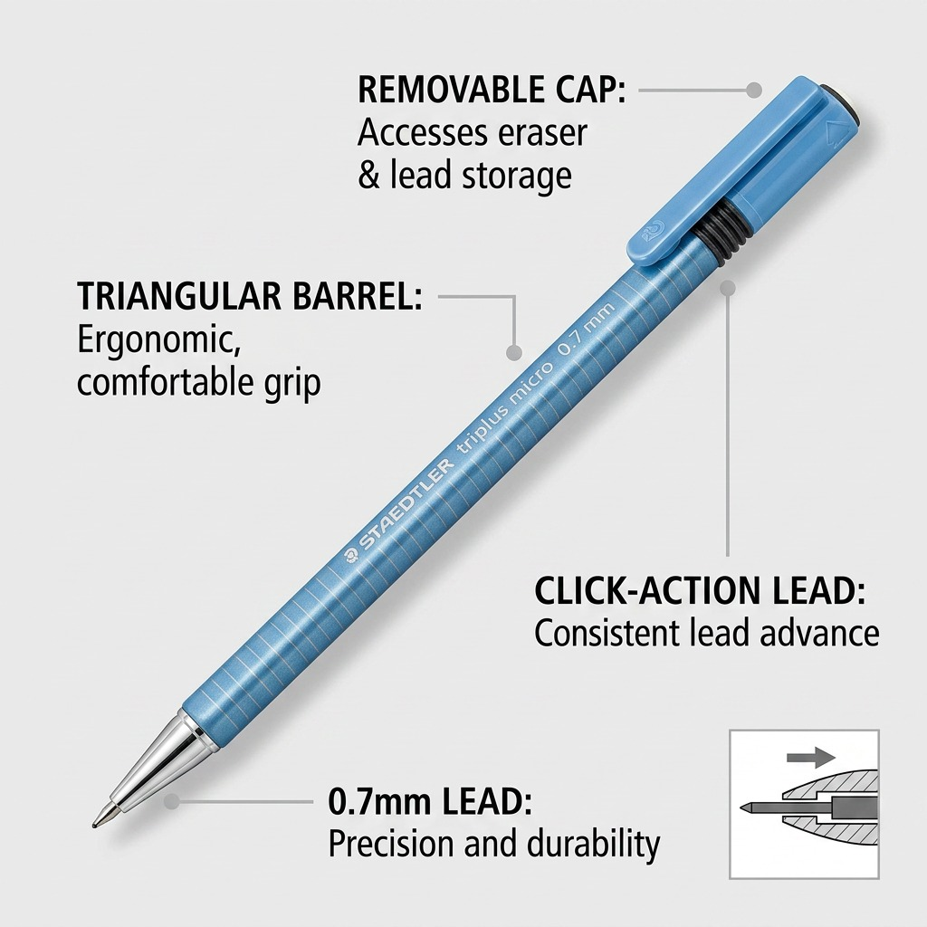 STAEDTLER Triplus Micro 0.7mm mechanical pencil with four callouts illustrating key features: triangular ergonomic barrel, durable 0.7mm lead, consistent click-action advance, and a removable cap revealing an eraser and lead tank.