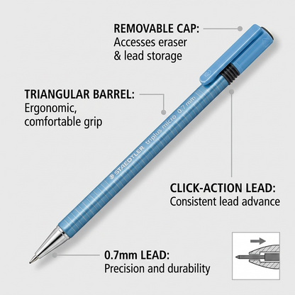 STAEDTLER Triplus Micro 0.7mm mechanical pencil with four callouts illustrating key features: triangular ergonomic barrel, durable 0.7mm lead, consistent click-action advance, and a removable cap revealing an eraser and lead tank.