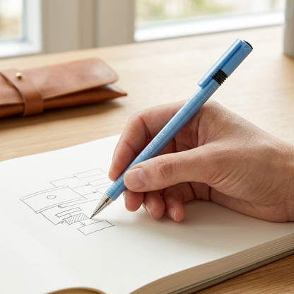 A close-up photograph shows the STAEDTLER Triplus 0.7mm mechanical pencil being held over a field notebook.