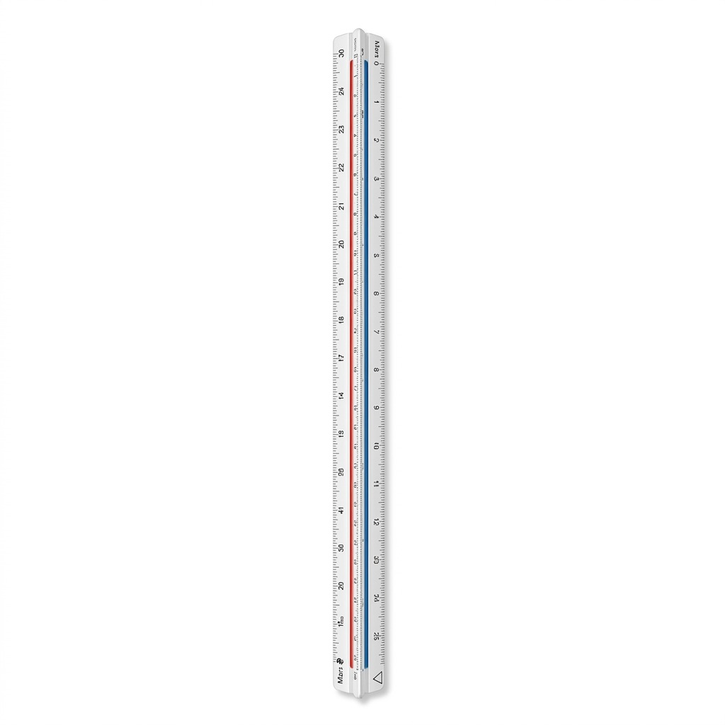 A high-resolution, centered view of the STAEDTLER Mars 987-18-4BK 30cm triangular metric scale ruler, as seen in image_0.png but removed from packaging. This precise professional tool is made of durable white plastic with color-coded red and blue strips in the recesses. Precision metric scale markings are clearly printed along all edges, and the STAEDTLER logo and Mars head are visible. It stands upright on a pure white background with soft, clean shadows.