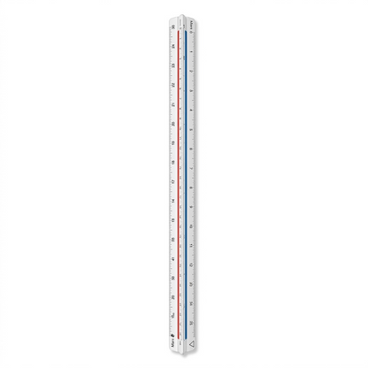 A high-resolution, centered view of the STAEDTLER Mars 987-18-4BK 30cm triangular metric scale ruler, as seen in image_0.png but removed from packaging. This precise professional tool is made of durable white plastic with color-coded red and blue strips in the recesses. Precision metric scale markings are clearly printed along all edges, and the STAEDTLER logo and Mars head are visible. It stands upright on a pure white background with soft, clean shadows.