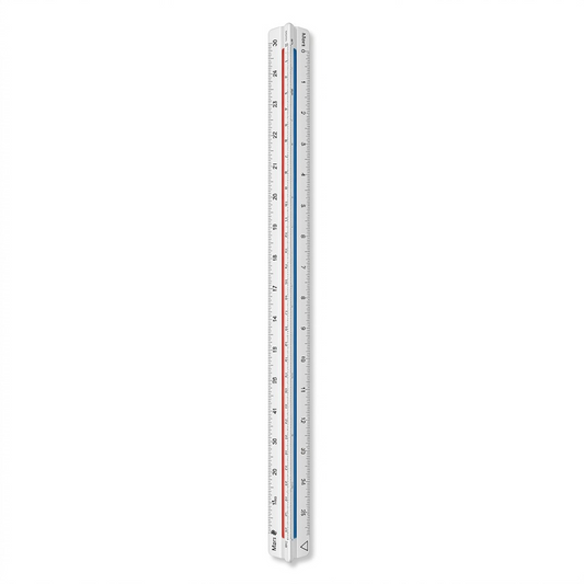 A high-resolution, centered view of the STAEDTLER Mars 987-18-4BK 30cm triangular metric scale ruler, as seen in image_0.png but removed from packaging. This precise professional tool is made of durable white plastic with color-coded red and blue strips in the recesses. Precision metric scale markings are clearly printed along all edges, and the STAEDTLER logo and Mars head are visible. It stands upright on a pure white background with soft, clean shadows.