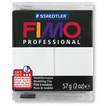 A high-resolution, centered view of the STAEDTLER Fimo Professional 57g White modeling clay block in its transparent packaging with black, red, and blue branding details on a pure white background.