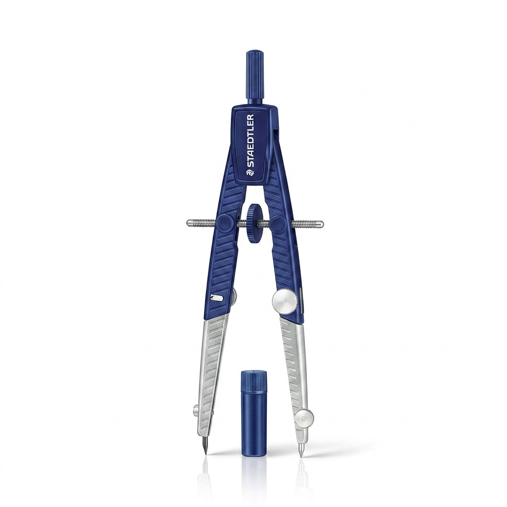 A high-resolution, centered view of a STAEDTLER 550 blueprinting-style compass, showing its dark blue body, silver legs, and black adjustment wheel, against a pure white background.