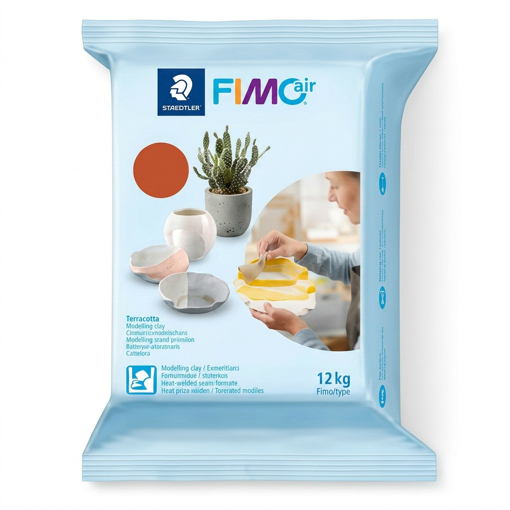 A high-resolution, centered image of a 1kg Terracotta block of STAEDTLER Fimoair Modelling Clay (MPN 8101-76) in its original bag, showcasing all brand markings, for an elegant e-commerce hero shot.