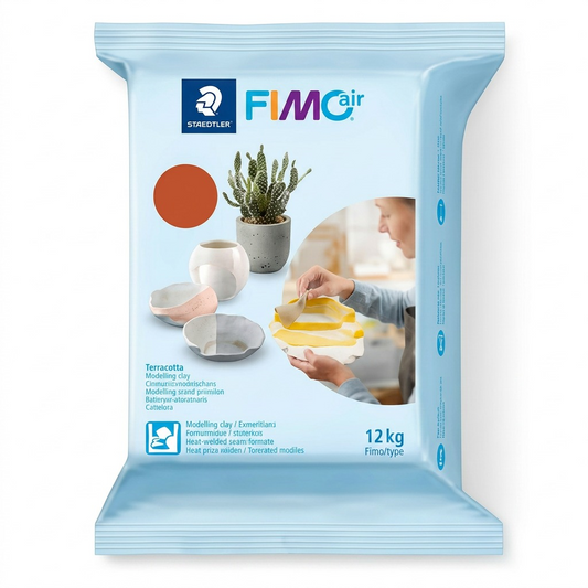 A high-resolution, centered image of a 1kg Terracotta block of STAEDTLER Fimoair Modelling Clay (MPN 8101-76) in its original bag, showcasing all brand markings, for an elegant e-commerce hero shot.